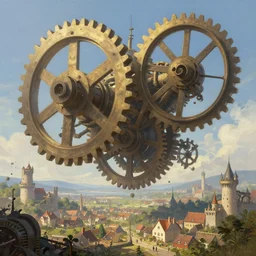 giant gears floating in the sky, clockwork, giant mechanisms, industry, villages castles, buildings vista artstation illustration sharp focus sunlit vista painted by ruan jia raymond swanland lawrence alma tadema zdzislaw beksinski norman rockwell tom lovell alex malveda greg staples