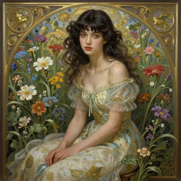 a beautiful girl with dark hair and bangs, sitting in a field of flowers, fantasy, intricate, elegant, highly detailed, digital painting, artstation, concept art, matte, sharp focus, illustration, art by Artgerm and Greg Rutkowski and Alphonse Mucha