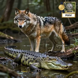 chimera made of a wolf and a crocodile, photo of wolf, photo of crocodile, awarded on pixiv, ultra realism, fantasy, trending on deviantart, realistic wood swamp, professional photoshop artwork