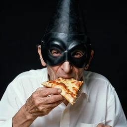 portrait photo of an old wrinkled man eating pizza, skinny face, bony face, long nose, crooked nose, large full mouth, black pulcinella mask, masquerade mask, pointy conical hat, white wrinkled shirt, eats pizza, presents pizza, black background, close - up, skin blemishes, menacing, intimidating, masterpiece by herb ritts