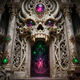 art nouveau baroque architecture, demonic lovecraftian mouth gateway doorway portal to infernal hell, ornate stonework, made of bone and teeth, hyperdetailed cosmic gems, volumetric lighting, sigils, magenta and green color palette, wayne barlowe , moebius, yoshitako amano