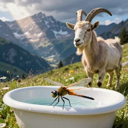 dragonfly in a bathtub in the alps, big goat!!!!!!! in the background