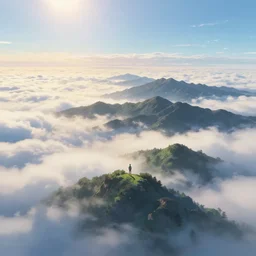 highly detailed photo of dreamy mountains and sea of clouds, sunlit sky, art by makoto shinkai and andreas rocha, super wide angle, concept art, 8 k detail post - processing