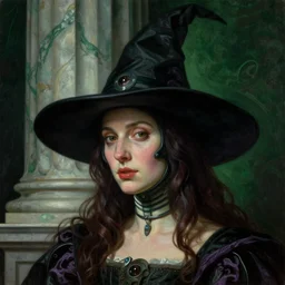 a baroque neoclassicist close - up portrait of a retrofuturistic witch, head and shoulders, large marble architecture in background. deep green and purple. renaissance portrait painting. highly detailed science fiction painting by norman rockwell, frank frazetta, and syd mead. rich colors, high contrast, gloomy atmosphere, dark background. trending on artstation