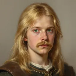 half - length portrait of a 3 5 - year - old human male noble with long blonde hair and a mustache, green eyes, medieval setting, detailed face, highly detailed, digital painting, artstation, concept art, sharp focus, illustration, by greg rutkowski, craig mullins, kenne gregoire
