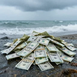 a picture of a wet pile of money, in the ocean, there is rain