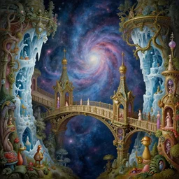 beguiling epic stunning beautiful insanely detailed matte painting of a bridge through nebula dream worlds designed by heironymous bosch, structures inspired by heironymous bosch's garden of earthly delights, surreal ice interiors by cyril rolando and asher durand and natalie shau, whimsical, intricate