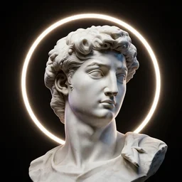 a neon circle surrounding the head of a renaissance statue, 3 d render, black background, ray tracing, 8 k resolution, sharp focus, highly detailed, hyper realistic