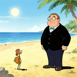 a cartoonish where is waldo scene on a beach, in the style of bill watterson