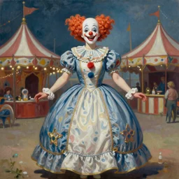 artstyle by Tom Bagshaw, ultra realist soft painting of a curiosities carnival, single beautiful female clown with a big smile in a long dress, symmetry accurate features, very intricate details, focus, curvy, award winning