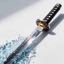 Katana with its only water Blade entirety out of flowing water reflecting all light and its handle made out of steel with ancient patterns, Raytracing, white background with shadows, 40nm lens, full katana, zoomed out, high fov, full katana in vision, in vision,