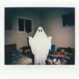 coloured atmospheric polaroid photo of a realistic ghost spirit in a kid - bedroom