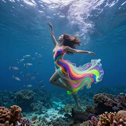 woman dancing underwater wearing a very long dress made of a chaos of neon colors and lights flowing and rippling in a strong current of water, coral sea bottom, swirling schools of silver fish, swirling smoke shapes, octane render, caustics lighting from above, cinematic, hyperdetailed