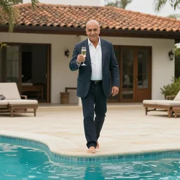emilio estevez completely bald walking over the water of a pool next to a house drinking champagne