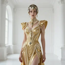 high quality photo of a white room. androgynous female dressed in a golden costume with pearls, with a metal head piece on his head inspired by alexander mcqueean. futuristic. art deco. seapunk. international gothic. sigma art 1 0 5 mm f 2. 8. hyper realistic vfx simulation. fashion ad