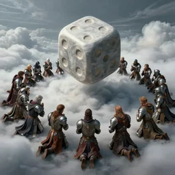 holy dice in the clouds, on the ground are people dressed in fantasy armor, kneeling in prayer mc escher
