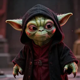 corrupted Yoda from Starwars in a black robe with a hood covering his head, black and red colors, particle effects, evil smile, crazed look in his eyes, head tilyed forward, character concept, cinematic lighting, cinematic composition, depth of field, award-winning