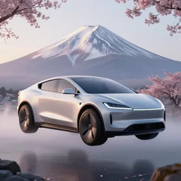 a futuristic magical solarpunk tesla cyber truck vehicle hover craft in the future of 2 0 8 9 futuristic version, dieselpunk look, elegant automotive parts shape, aero dynamic, digital art. trending on artstation. cyberpunk look hovering by mount fuji early in the morning with a few blossom trees around, high quality photo