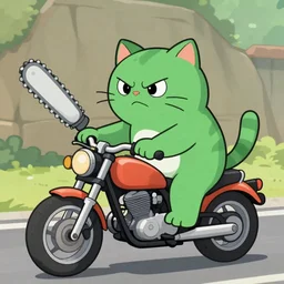 an angry green cat riding a motorcycle with chainsaws on the side