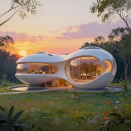 the most beautiful, futuristic house, sunset and nature in background, Thomas Kinkade painting