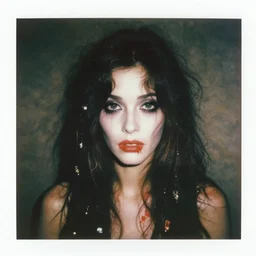 an instant photo of a beautiful but sinister woman in layers of fear, with haunted eyes and tangled dark hair, 1 9 7 0 s, seventies, delicate embellishments, a little blood, crimson, painterly, offset printing technique, mary jane ansell