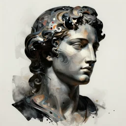 epic concept art. abstract female face silhouette mixing with black and color liquid fluid. abstract sculpture. art deco swirls. masterpiece by michelangelo. concept art, matte painting. greg rutkowski, beeple, victo ngai