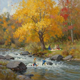 A beautiful oil painting of a single tree, the tree is in the rule of thirds, a family is under the tree having a picnic, the kids are playing in the river, the fall has arrived and the leafs started to become golden and red, the river is flowing its way, the river has lots of dark grey rocks, oil painting by Greg Rutkowski
