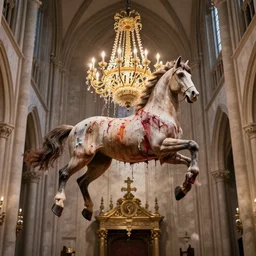 an exploding horse in chandelier. hanging in a cathedral full of vomit