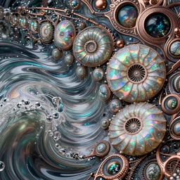 iridescent opal mandelbrot waves, art nouveau cresting, nebula slick waves, hyperdetailed bubbles in a shiny iridescent oil slick wave, ammolite, detailed giant opalized ammonite shell, black opal, abalone, paua shell, ornate copper patina medieval ornament, rococo, organic rippling spirals, octane render, druzy geode, cresting waves