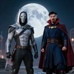still of moon knight vs dr. strange, in the tv marvel movie moon knight, photorealistic, real life, hdr soft focus, long exposure