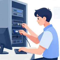 illustration an it guy who is plugging a girl through cables to a computer and it cabinet. the girl looki like a mix of emma watson and scarlett johansson and nathalie portman, very details, by david rutkowski, by artgem