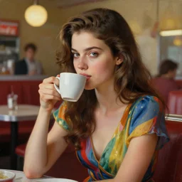 beautiful oil matte portrait painting, young women in a multicolored dresses drinking coffee in an american diner, detailed face, wonderful masterpiece highly detailed, beautiful cinematic light deep focus, elegant, digital painting, smooth, sharp focus, golden ratio, dramatic illumination, ultra realistic, 8 k, art by jimmy law and caravaggio