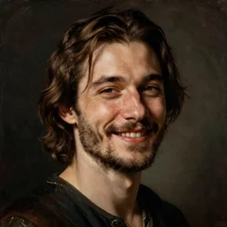 portrait painting of young willem dafoe with stubble smiling warmly, renaissance oil painting, studious chiaroscuro