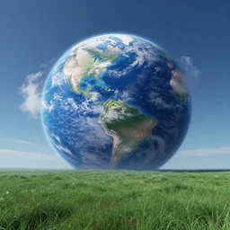 a blue earth-like planet covered in clouds seen above green grassfield on an alien world, cinematic perspective, daylight, cinematic lighting, blue sky, detailed, 4k, Artstation