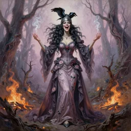full body shot, malevolent witch facing front laughing maniacally, smoke hair, crow helmet, floral dress, dead forest on fire, fantasy, intricate, photorealistic, elegant, stylish, highly detailed, smooth, sharp focus, oil painting by barry windsor - smith, pastel colors