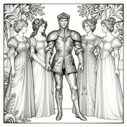 lancelot and the four queens by william morris, monochrome,