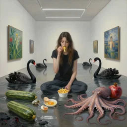 painting of a flooded modern art gallery and a tall emo woman eating french fries, interior of an art gallery, molluscs, courgettes, black swans, lava, pomegranates, raw eggs, sensual, octopus, puddles, zen, surrealist, by magritte and monet