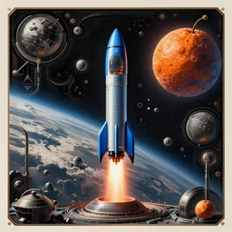 blue rocket in space, orange fruit as a planet, intricate sci-fi poster by Denis Villeneuve