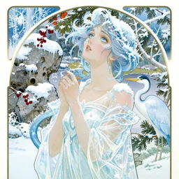 japanese art print of goddess of winter in a zen garden, by Peter Kemp and Artgerm, sad expression but upward gaze, ice blue eyes and light blue anime hair, glamorous hairstyle, frost clings to her skin, wearing translucent white and ice blue Enjolras fashion, lost in the moment, winter, art nouveau, ice clings to the rock garden by Brian Froud, frozen tear, berries, a heron, evergreen branches, white, ice blue, frost on the canvas, by Alphonse Mucha