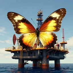 a huge luminous butterfly stops on the oil platform, by moebius