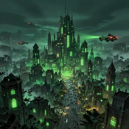 ancient city, crowded, forest, road, night sky, green city lights fog, floating cars, flying cars, cyberpunk, neon, epic scale, dramatic lighting, detailed illustration, hd, 4k, digital art, overdetailed art, concept art, detailed illustration, hd, 4k, digital art, concept art, Dan Mumford, Peter Mohrbacher, Alfons Mucha, trending on artstation, environment highly detailed