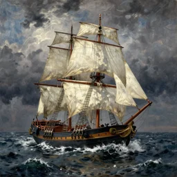 17th century schooner caught in a storm, atmospheric, detailed, oil painting, sturm und drang