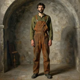 a tall man with olive complexion wearing brown coveralls in a church cellar by odilon redon