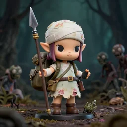 an ominous femo figurine of a cute funny spear wielding fairy survivalist with bandages wearing a dirty floral torn dress featured on left 4 dead by studio ghibly and gamesworkshop, carrying survival gear in a large backpack, dark and moody atmosphere, hiding from zombies, 🎀 🗡 🧚