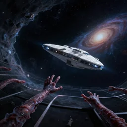 a starship flies through an obstacle course in hyperspace, alien tentacles reach from the galaxies edge to catch him