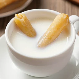 two anchovies floating in a white porcelain cup of milk tea, macro restaurant photo