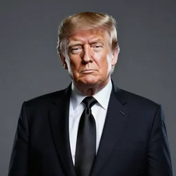 Donald Trump, a anthropomorphic-robot cyber-face techno mask in black tie suit retro photo