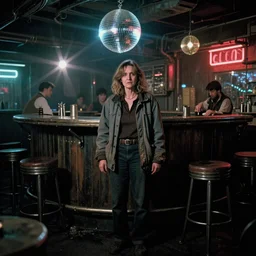 the full - body shot of street beggar ( ( liz cheney ) ) with worn in grey jacket in dark steampunk fallout disco bar, cinematography of christopher doyle, frostpunk, neon gloomy light, discoball reflections, anamorphic, optical flares, kodak film, sharp focus, 8 k