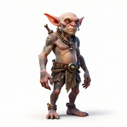 tattooed goblin tinkerer, detailed 3d character render, full body, standing, isolated on a pure white background, centered, whole figure in frame, sharp focus, studio lighting