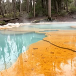a photo of a hot spring with prismatic water, nestled in a forest